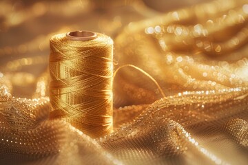 Poster - A spool of thread sits on top of a golden cloth, perfect for sewing or crafting