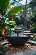 © Vadim - Stone Fountain in a Lush Indoor Garden. In an indoor garden, a stone fountain with flowing water basks in sunlight under a glass ceiling