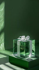 Wall Mural - Emerald green gift box glass ribbon bow minimalist elegant modern luxury clear translucent 3d present celebration Christmas lux birthday wedding decor wrapping packaging shopping guide campaign