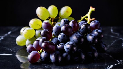 Wall Mural - grapes are on a marble table with a black background