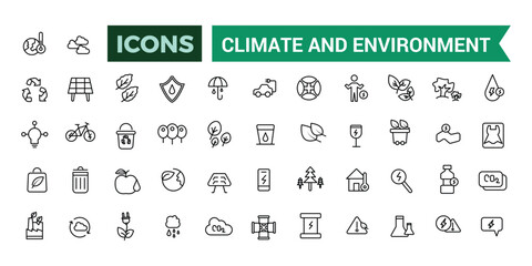 Wall Mural - Climate and Environment icons set. Outline icons pack. Editable vector line icon set and illustration for web and UI application.