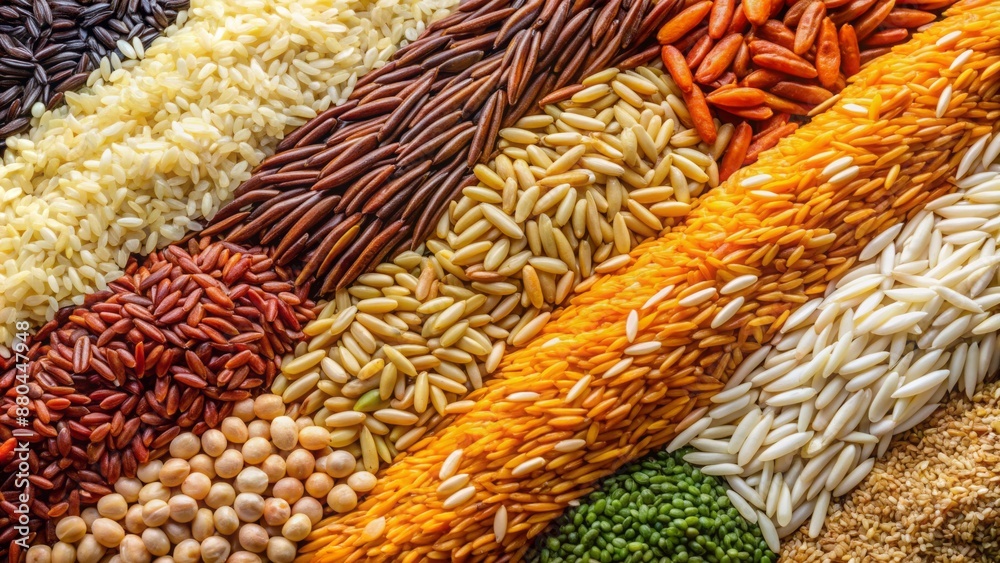 Assolted Rice Vibrant close-up of assorted rice and barley varieties showcasing their ...
