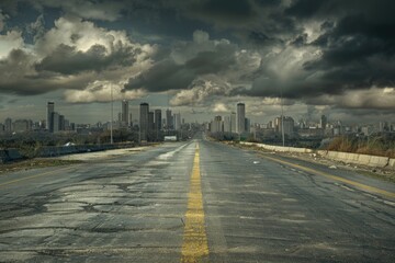Poster - A shot of an empty road leading up to a city in the distance, with tall buildings and skyscrapers visible
