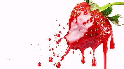 Canvas Print - Freshly squeezed strawberry nectar falling from ripe fruit on a white backdrop.