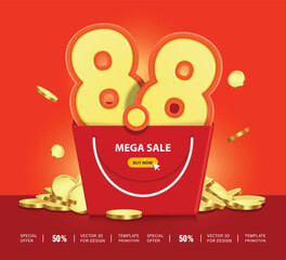 Wall Mural - mega sale advertisement, 8.8 3D yellow placed in red shopping bag and money all coins place back, vector for Discount promotional advertising design eighth day of eighth Month, August promotion