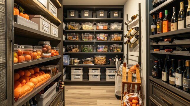 A luxurious walk-in pantry with custom shelving, labeled storage containers, a wine rack, and ample space for organizing groceries and kitchen supplies.