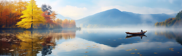 Wall Mural - autumn lake fishing boat