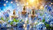 © Wanlop - Elegant aroma bottles with golden caps and delicate spring flowers on a musical note background evoke a sense of refined luxury.