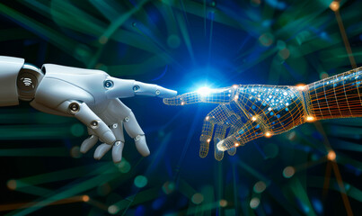 Poster - Human and AI Connection: Futuristic Interaction Between Robot Hand and Digital Human Hand with Glowing Effect, Deep Technology Concept