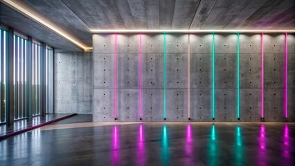 Wall Mural - Sleek grey concrete wall illuminated by vibrant neon lights, exuding minimalist luxury ambiance in modern interior design setting.