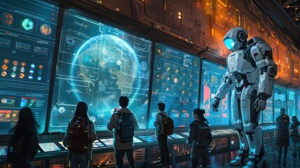 Canvas Print - Futuristic Control Room with Robot and Earth Projection