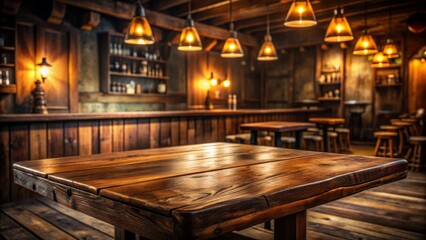 Wall Mural - Rustic wooden table isolated in dimly lit pub interior with aged wood paneling and subtle atmospheric lighting casting warm shadows.