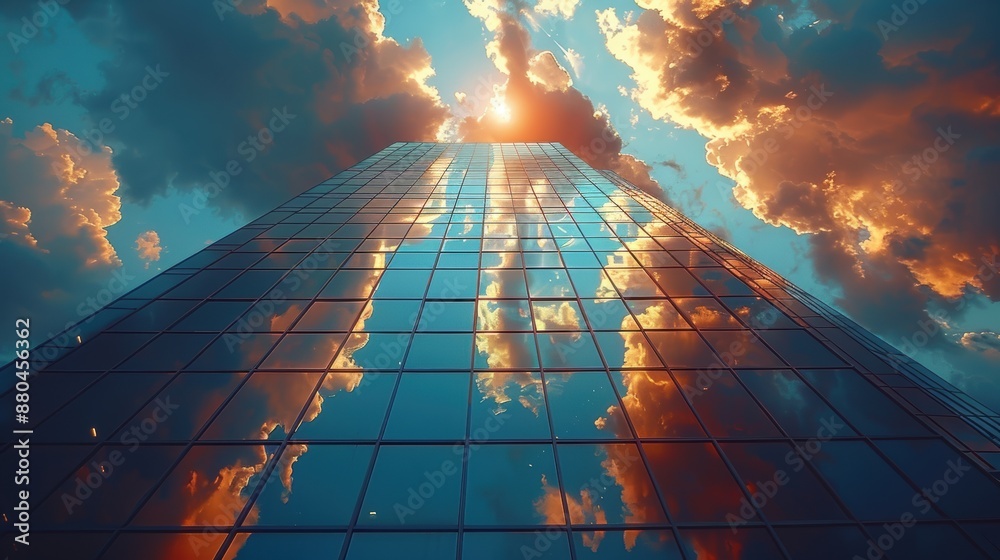 Artistic capture of clouds reflected in the windows of a skyscraper, in ...