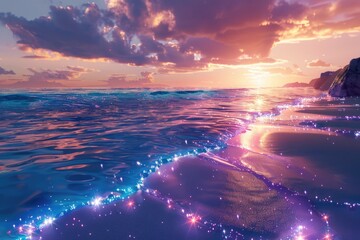 Wall Mural - Gorgeous sunset on the beach, with bioluminescent waves, creating a peaceful and magical scene under the twilight sky AIG59