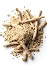 Poster - A simple composition featuring a pile of wooden sticks and sand on a white background, great for use in creative projects or as a decorative element