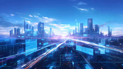 3D, blue future city and traffic, light particles, technology and artificial intelligence