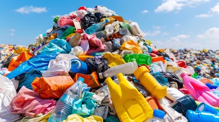 plastic waste pile environmental pollution sky background close up.