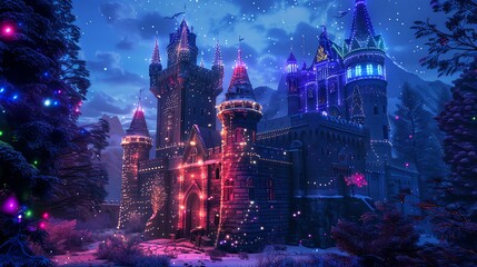 Canvas Print - A fairy tale castle covered in Christmas lights, nestled in a winter forest.