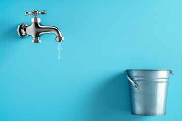 water dropping from faucet into bucket on a blue background - conceptual photography.