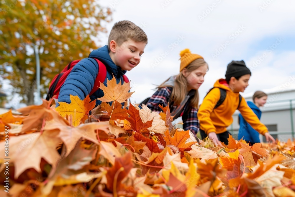 Fall Weather Kids kids playing in autumn leaves, happy children enjoying fall season ...