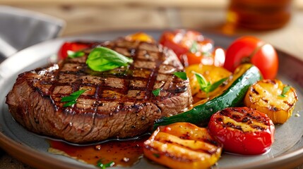 Wall Mural - closeup of grilled steak with grilled vegetables on a plate.