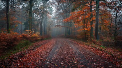 Poster - A path through an autumn forest with red leaves.