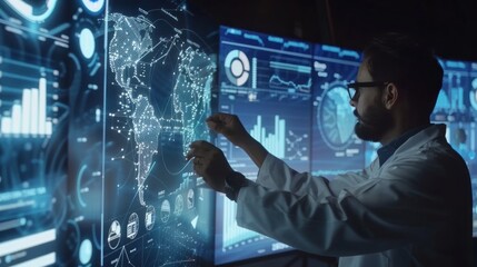 Poster - big data analytics visualization technology with scientist analyzing information structure on screen