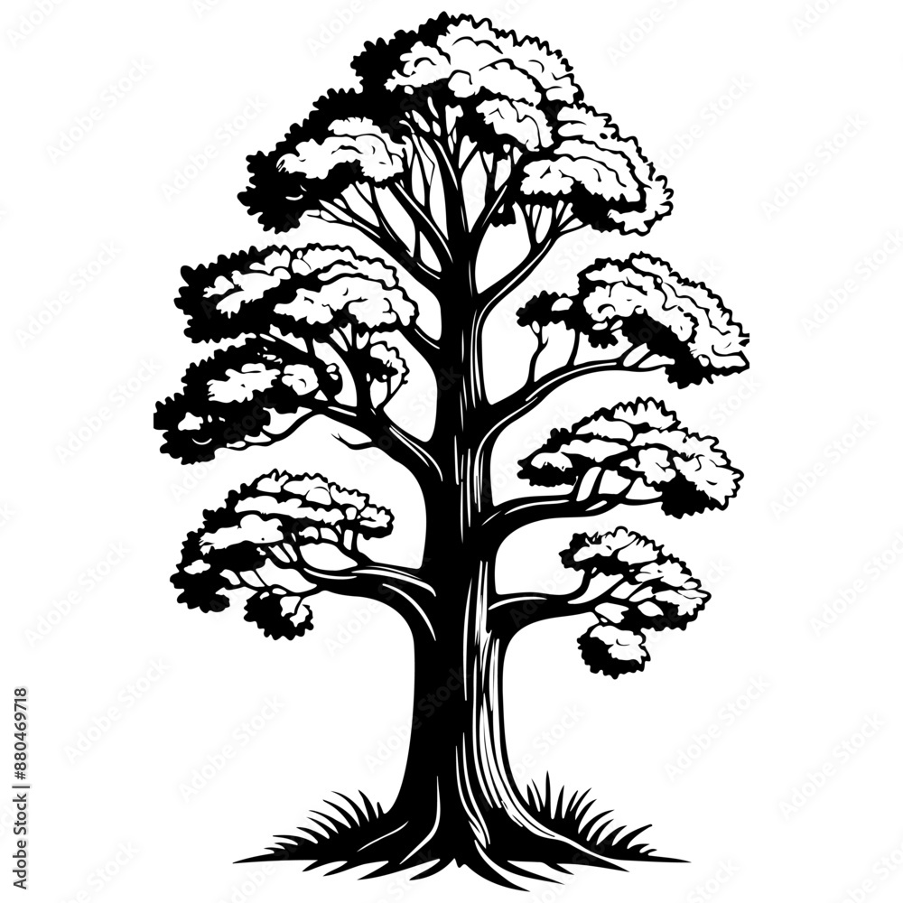 cartoon oak tree drawing, vector realistic outline line, transparent ...