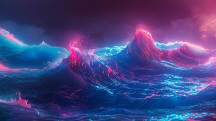 Wall Mural - big neon wave background - vibrant abstract digital technology design featuring futuristic light pat