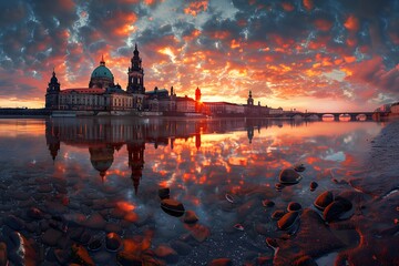 Wall Mural - Majestic Sunset Over Historic Cityscape Reflecting in Tranquil River