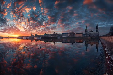 Wall Mural - Stunning Sunset Over Historic Cityscape Reflecting in Tranquil Waters