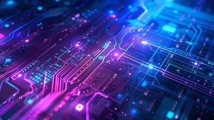 Poster - Futuristic blue and purple technology background with abstract circuit board patterns, ideal for high-tech themes, innovation concepts, and modern digital designs