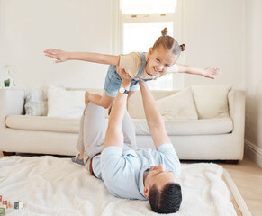 Poster - Dad, girl and happy with flying on floor at home for fun, bonding and support for memories. Parents, people and kid at living room with smile or excited to relax for care, love and trust with playing