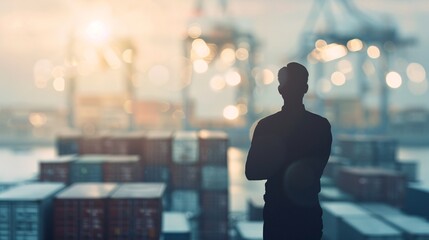Poster - A silhouette of a logistics manager stands against the backdrop of a busy container port, coordinating transportation efforts with ample copy space.