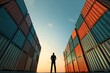 © Thitiphan - A logistics manager's silhouette stands next to a stacked pile of shipping containers, coordinating operations with ample copy space.