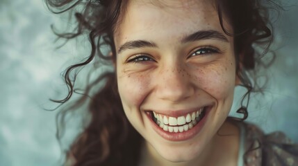 Wall Mural - A young woman with brown curly hair smiles brightly with white teeth.