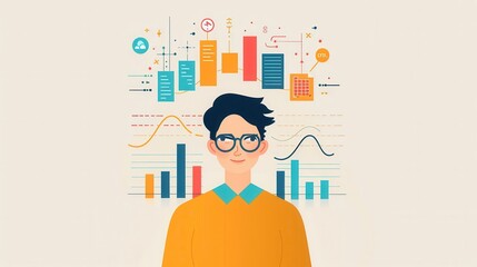 Poster - Analytical skills, person with data and charts, flat design illustration