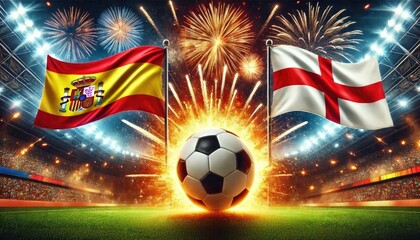 Wall Mural - Spain vs England football match, Spanish flag, English flag, stadium and soccer ball, Euro 2024, UEFA European Football Championship 2024, final