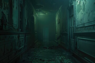 Poster - A dimly lit hallway with a light source shining on the floor