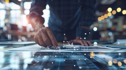 Poster -  Businessman hand operating modern computer with business strategy interface, digital technology concept for corporate innovation, data analysis, and financial growth in professional work environment