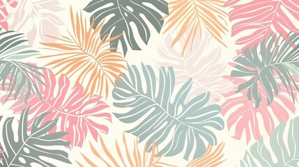 Wall Mural - A seamless pattern of tropical leaves in pastel colors.