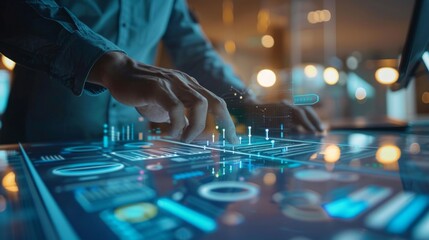 Poster -  Businessman hand operating modern computer with business strategy interface, digital technology concept for corporate innovation, data analysis, and financial growth in professional work environment