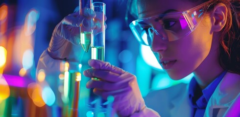 Poster - scientist, researcher, or laboratory assistant using plastic medical tubes in a modern laboratory or