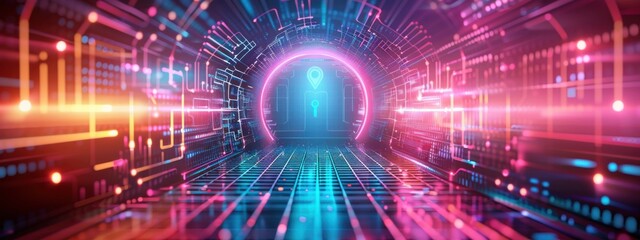 Poster - Asymmetric encryption, holographic secret key, user control, glowing neon elements