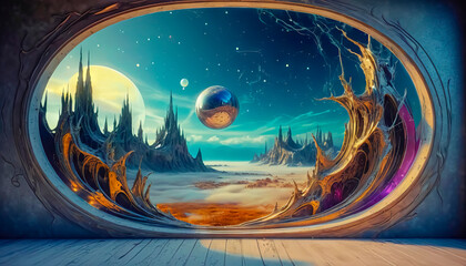 Wall Mural - A large window into a mysterious fantasy world