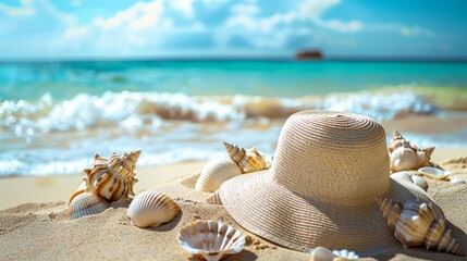 Poster - A straw hat sits on a sandy beach with seashells in front of a clear blue ocean.