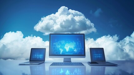 Poster - Cloud storage communication: computer, laptop, tablet, and smartphone network at home or work. Online devices uploading and downloading information and data