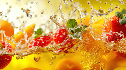 Poster - Vibrant Fruit Juice Splash with Suspended Droplets on Studio Background
