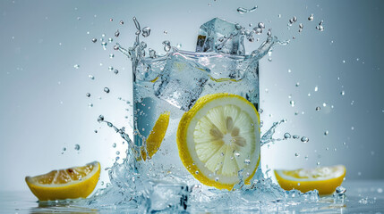 Poster - Refreshing Lemonade Splash with Ice Cubes in Studio Setting