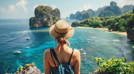 Poster - A young woman in a straw hat looks out at a beautiful tropical beach from a clifftop.